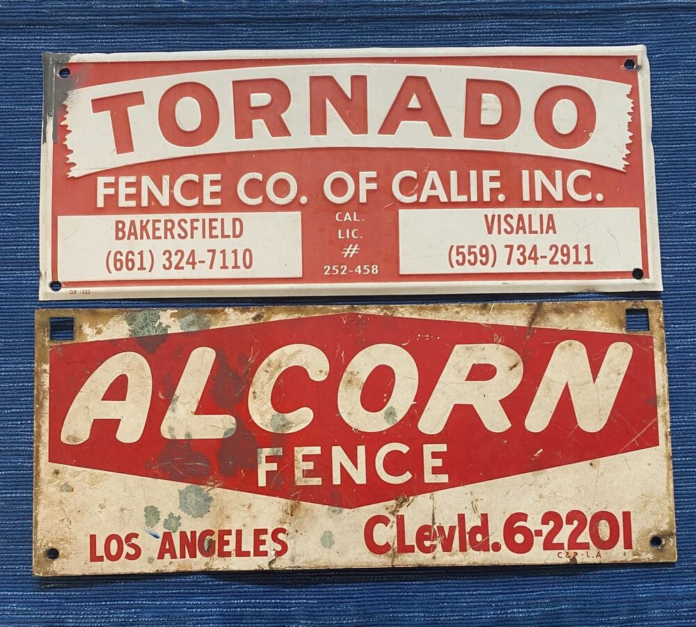 Vintage Tornado & Alcorn Fence Metal Sign Pair Los Angeles Bakersfield CA